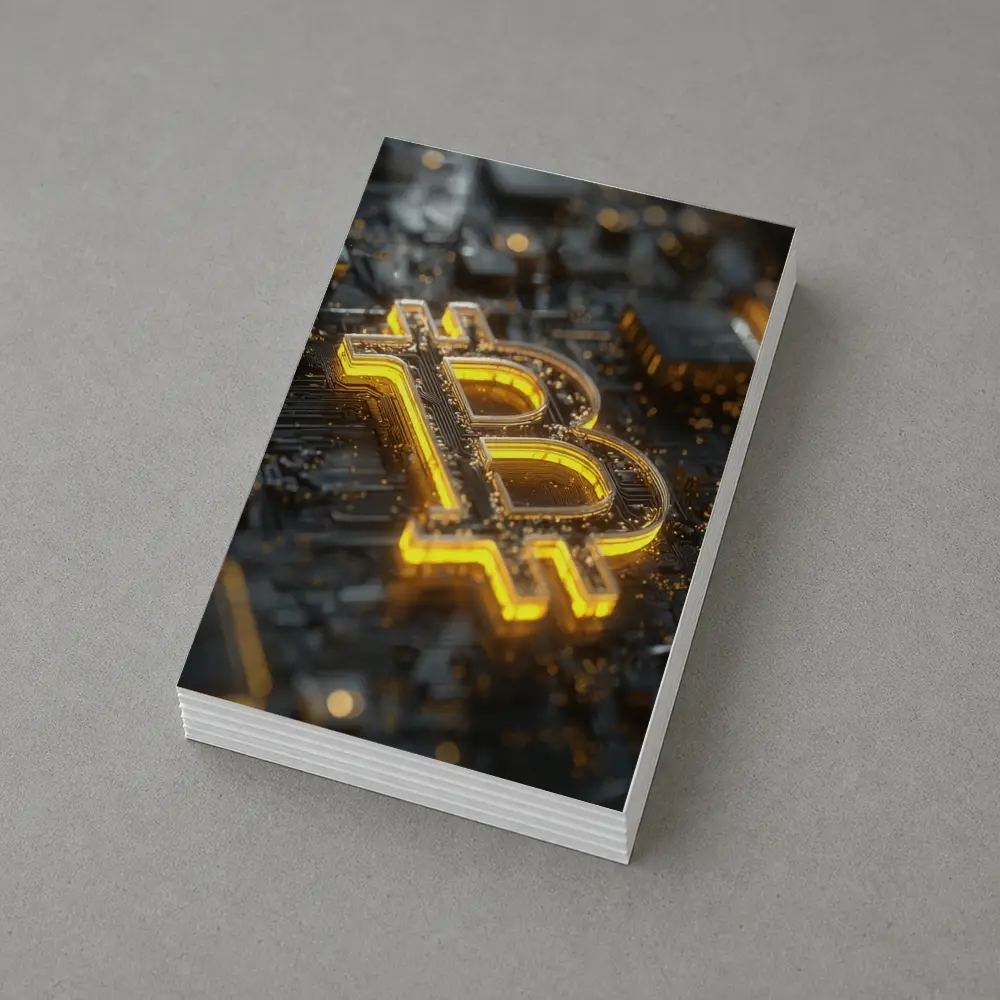 Gold Bitcoin Symbol On Dark Circuit Board – Postcards