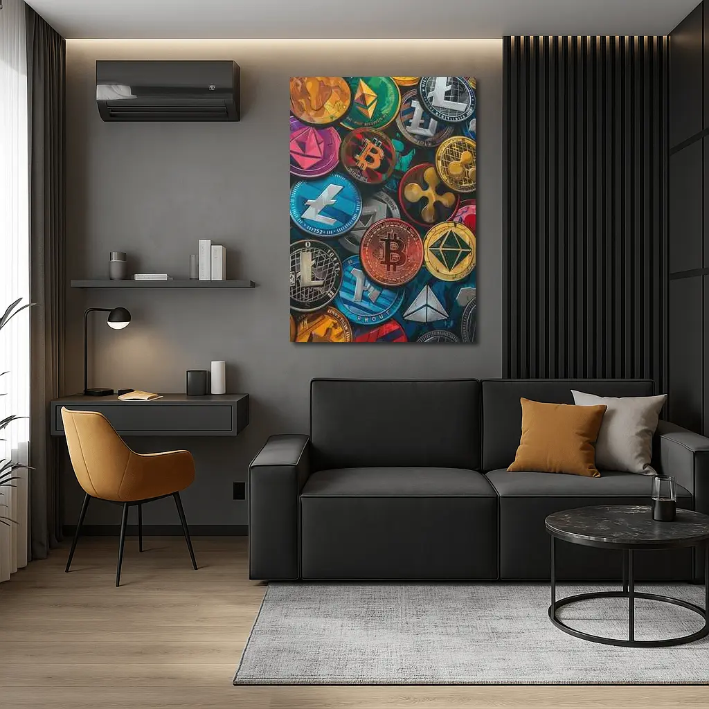 Cryptocurrency Coins Collection Colorful Digital Art – Wall Art
