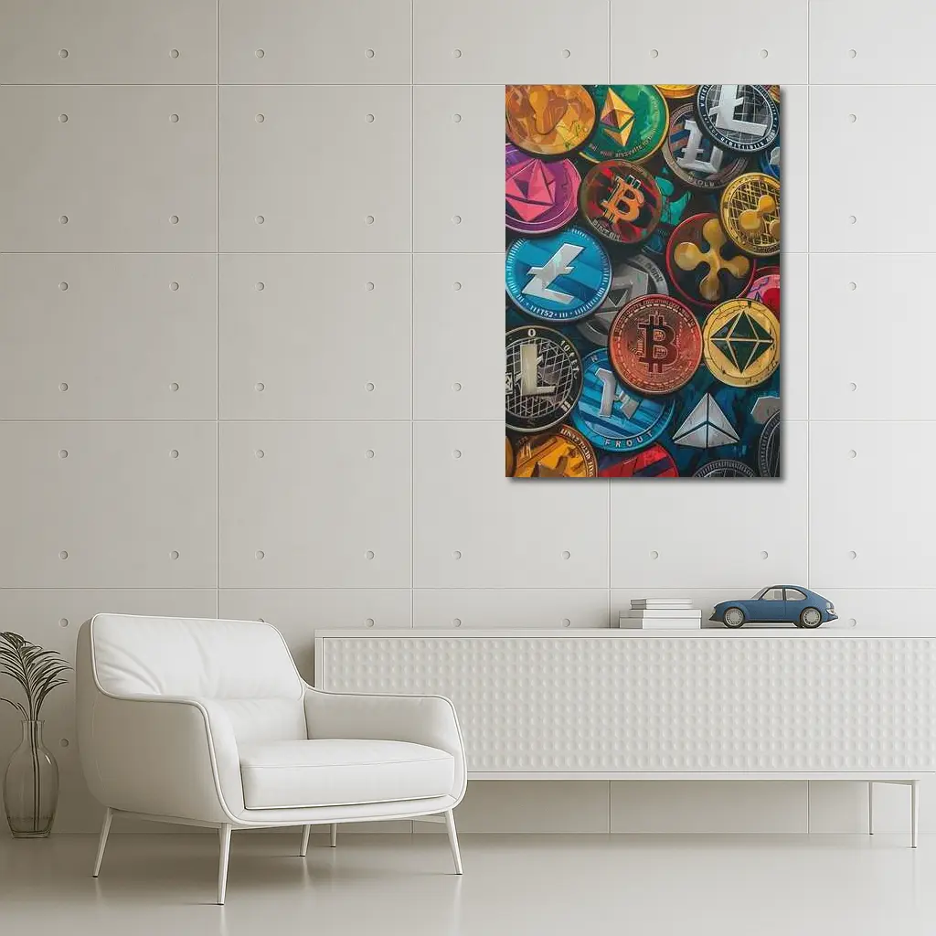 Cryptocurrency Coins Collection Colorful Digital Art – Wall Art