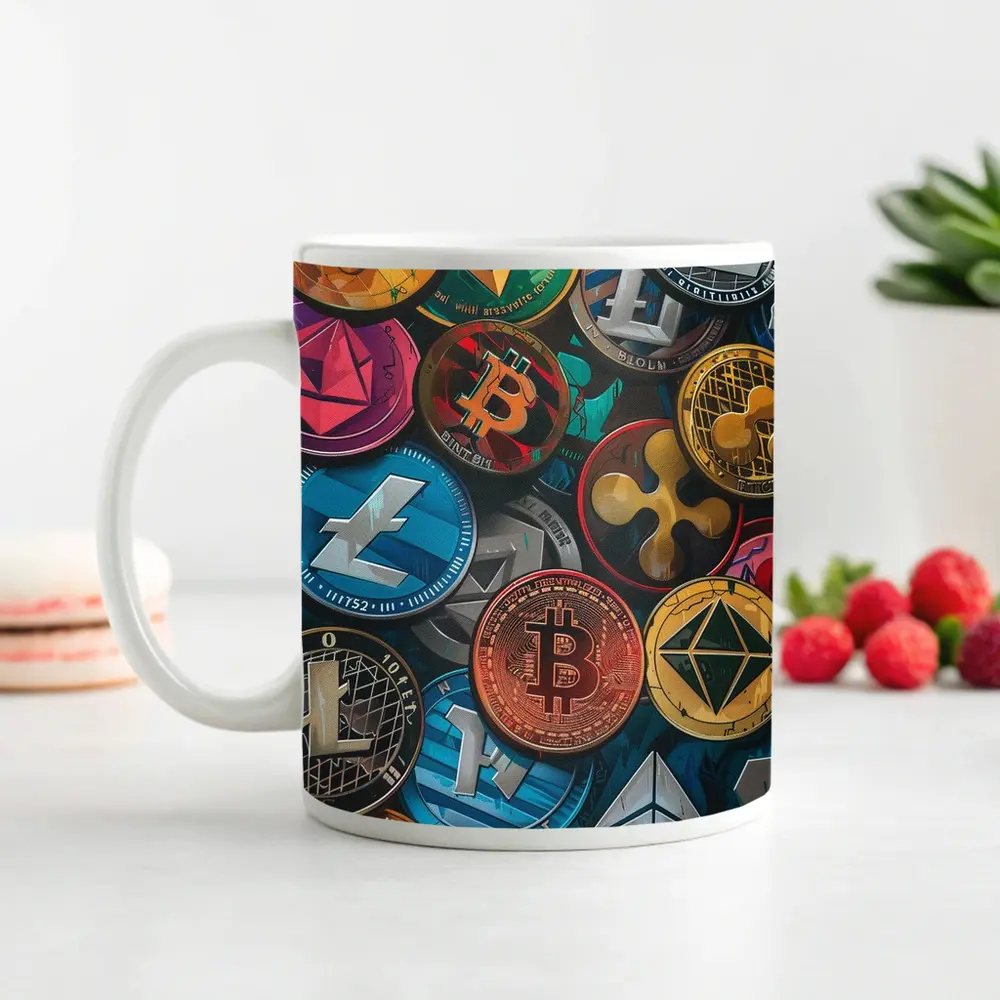 Cryptocurrency Coins Collection Colorful Digital Art – Mugs