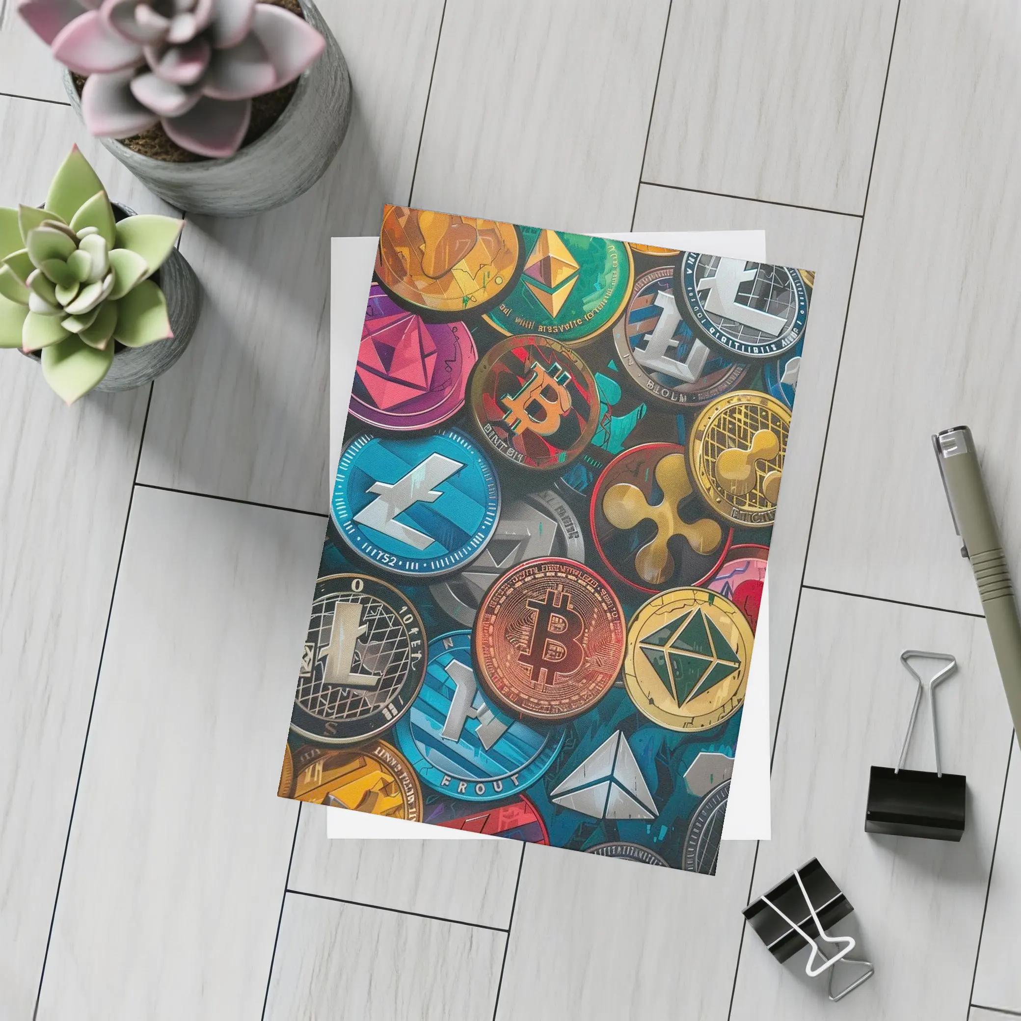 Cryptocurrency Coins Collection Colorful Digital Art – Postcards