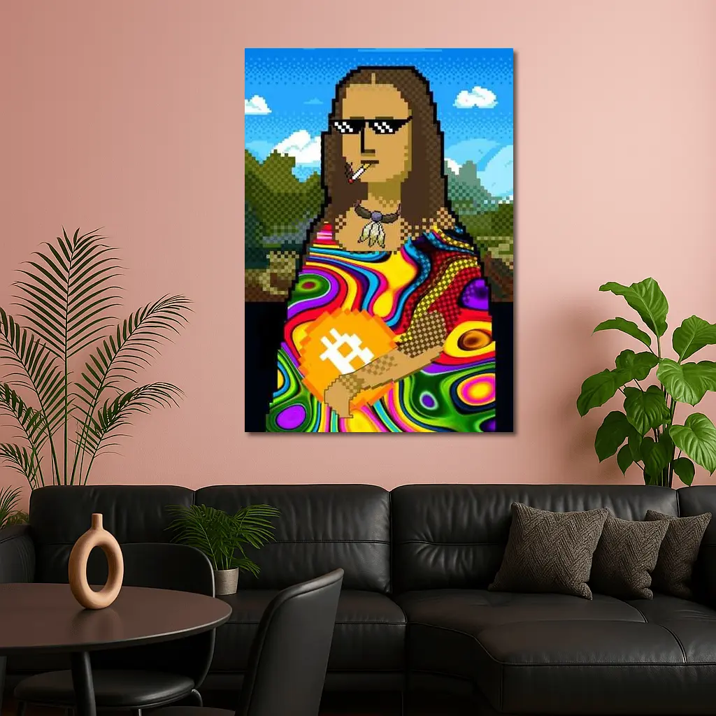 Pixel Mona Lisa Holding Bitcoin Psychedelic – Wall Art