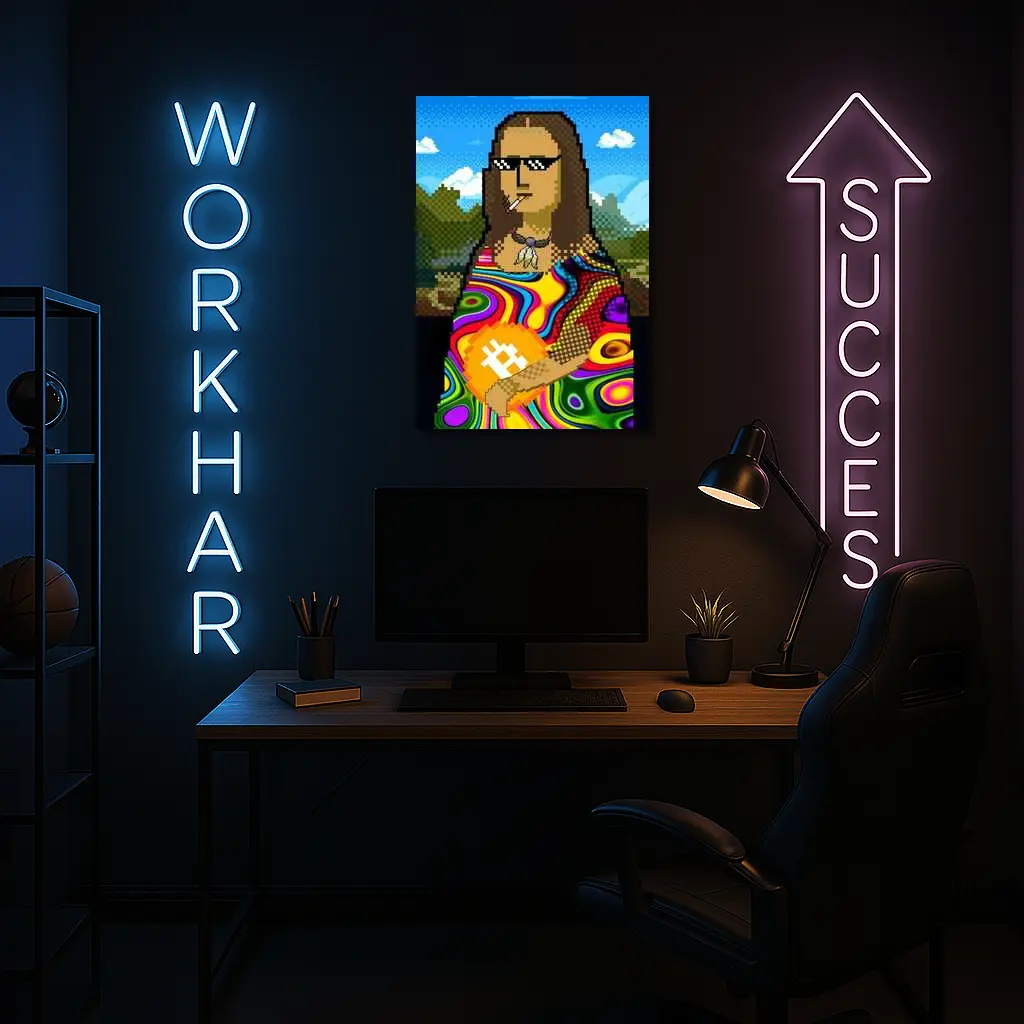Pixel Mona Lisa Holding Bitcoin Psychedelic – Wall Art