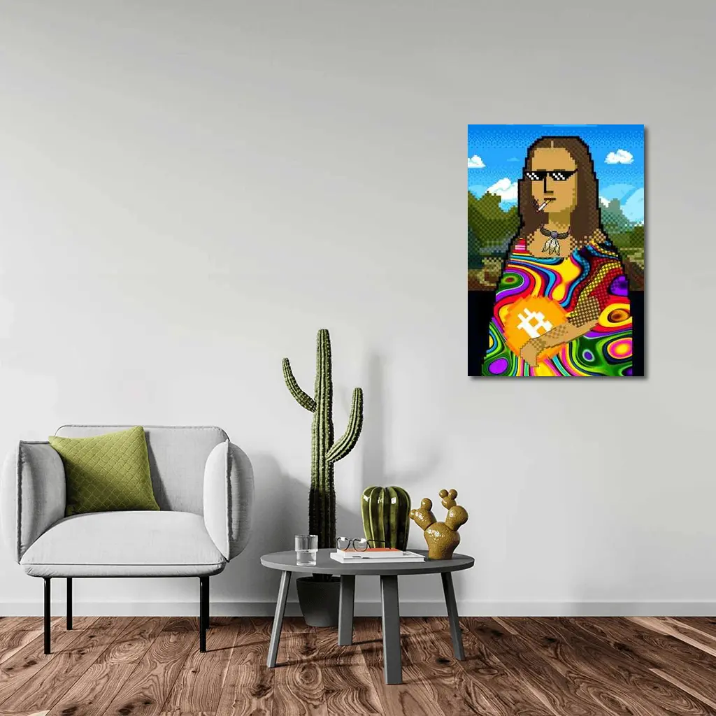 Pixel Mona Lisa Holding Bitcoin Psychedelic – Wall Art