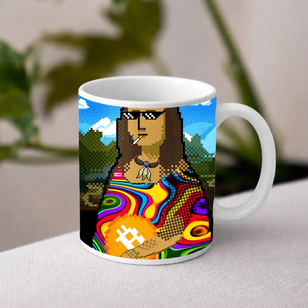 Pixel Mona Lisa Holding Bitcoin Psychedelic – Mugs