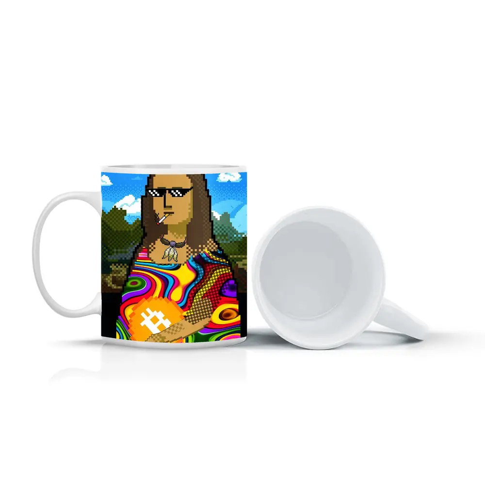 Pixel Mona Lisa Holding Bitcoin Psychedelic – Mugs