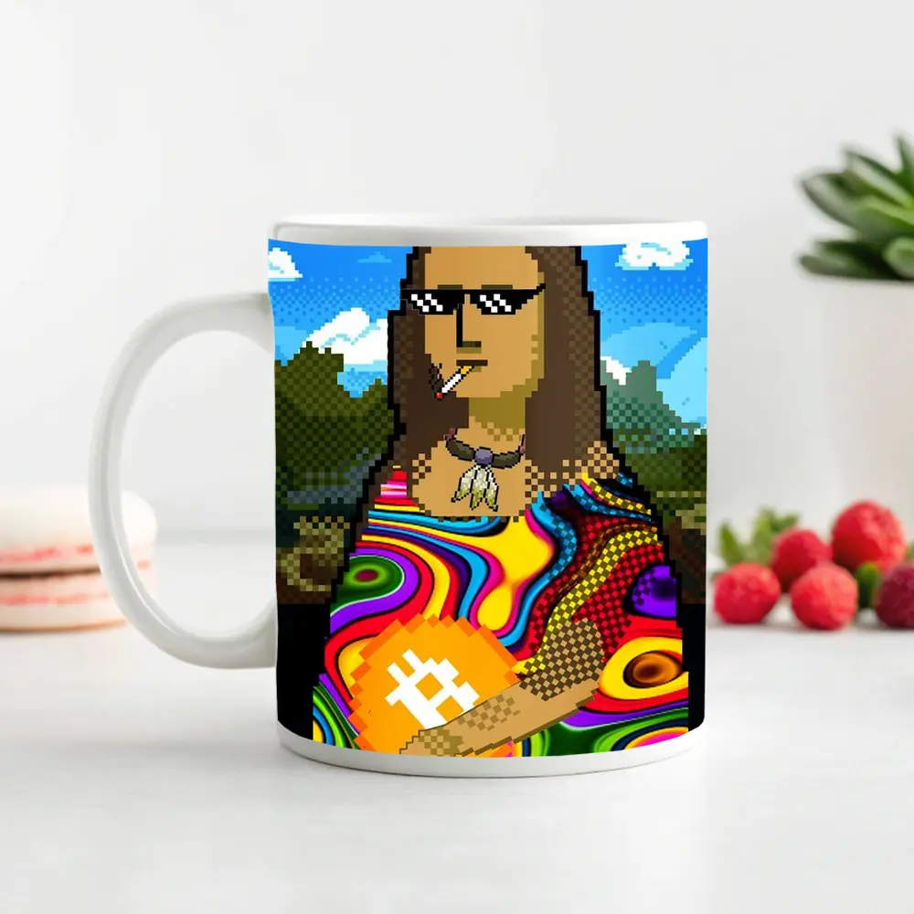 Pixel Mona Lisa Holding Bitcoin Psychedelic – Mugs
