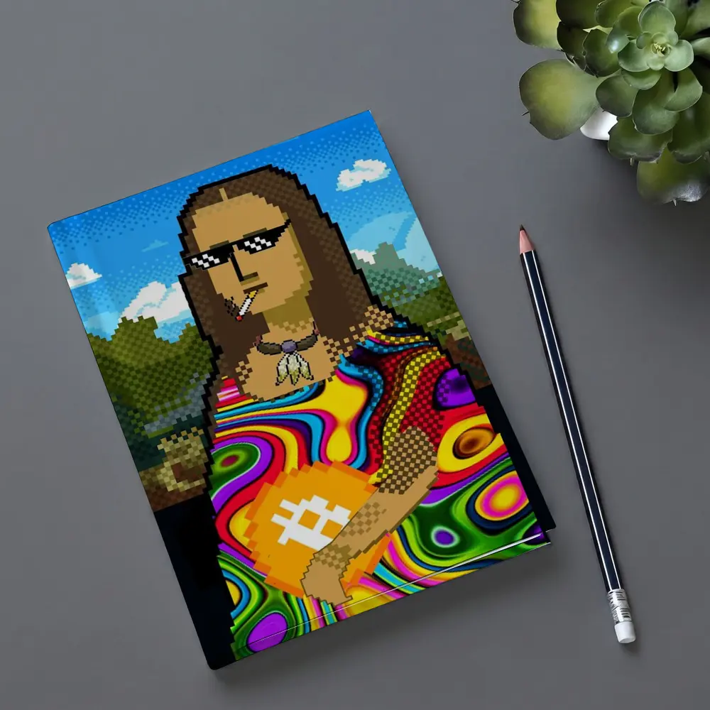 Pixel Mona Lisa Holding Bitcoin Psychedelic – Notebooks
