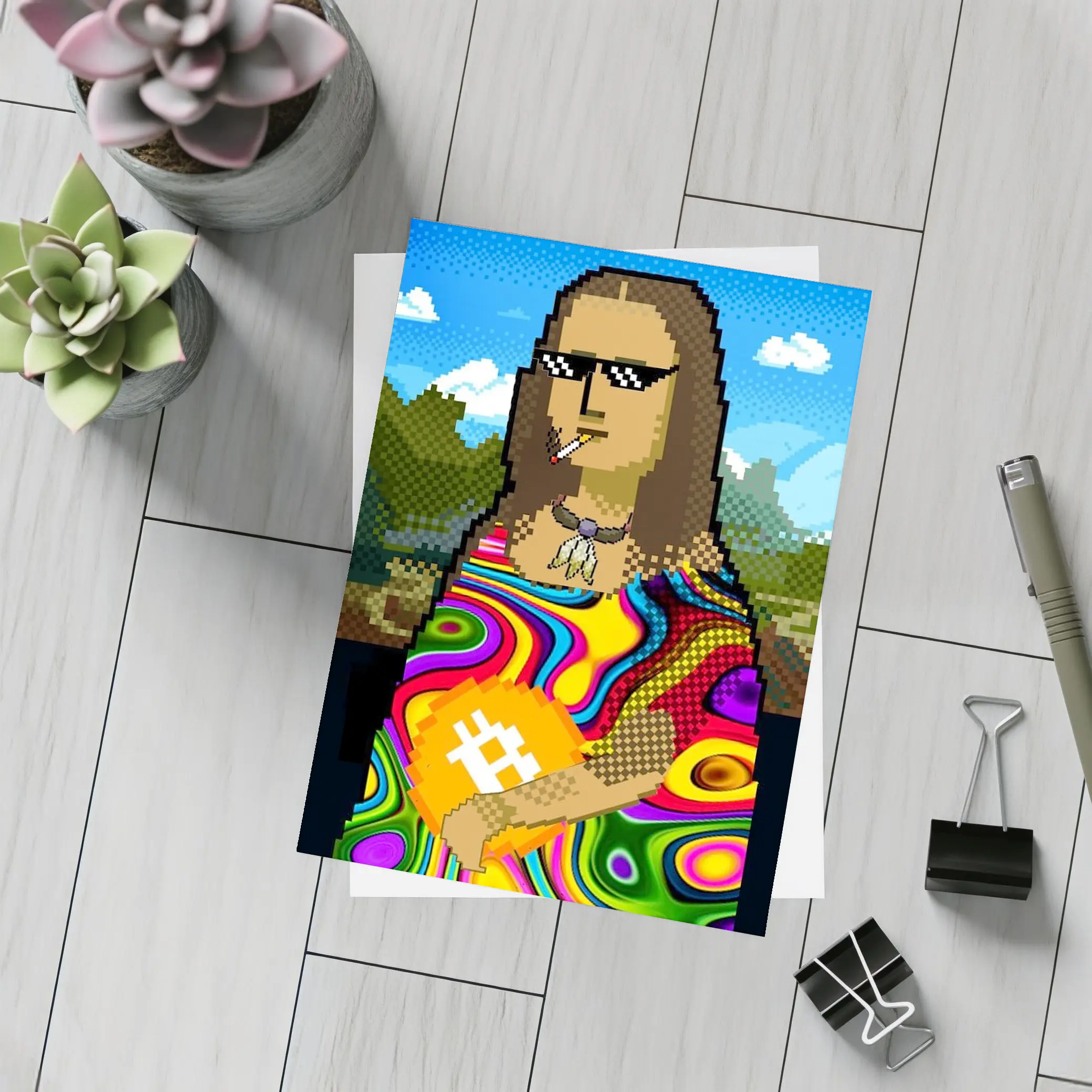 Pixel Mona Lisa Holding Bitcoin Psychedelic – Postcards