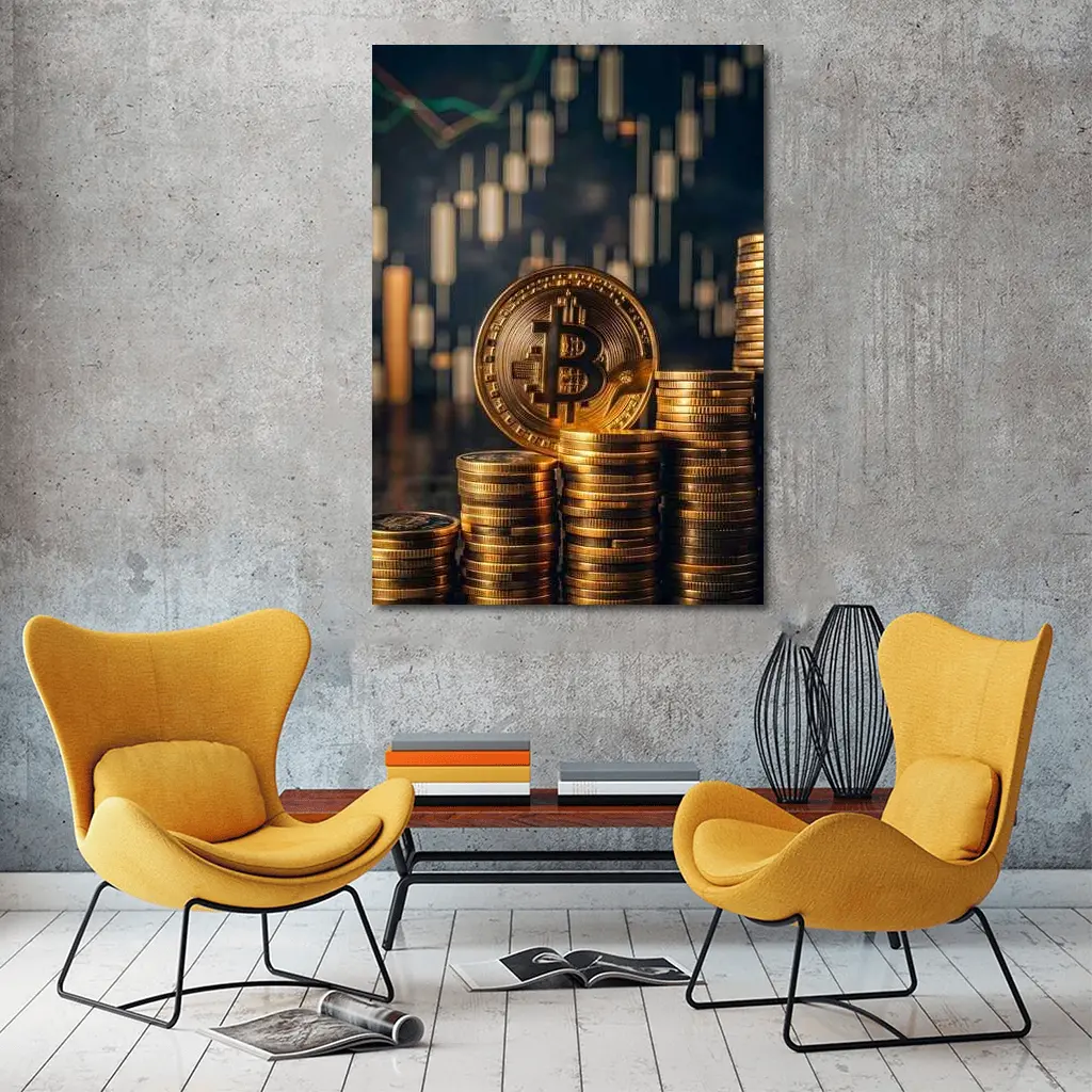 Bitcoin Gold Coins Candlestick Chart Dark Background – Wall Art