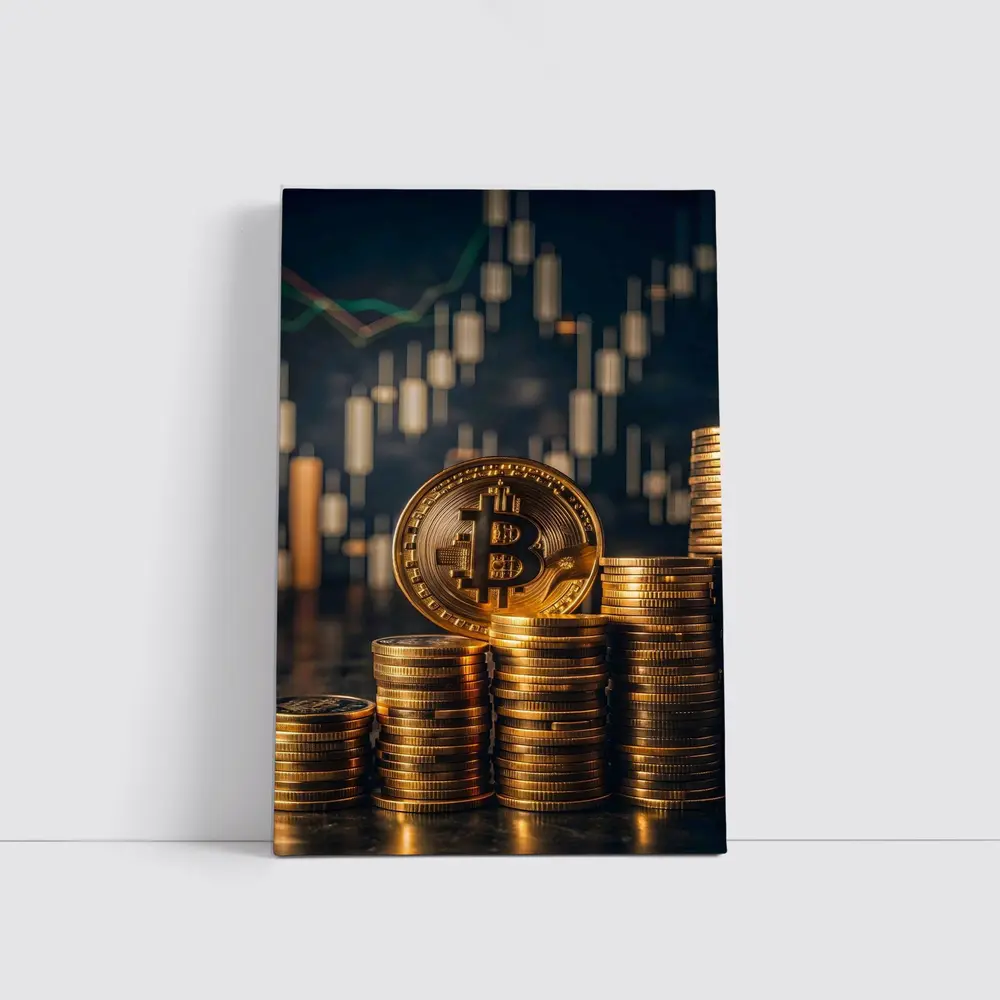 Bitcoin Gold Coins Candlestick Chart Dark Background – Wall Art