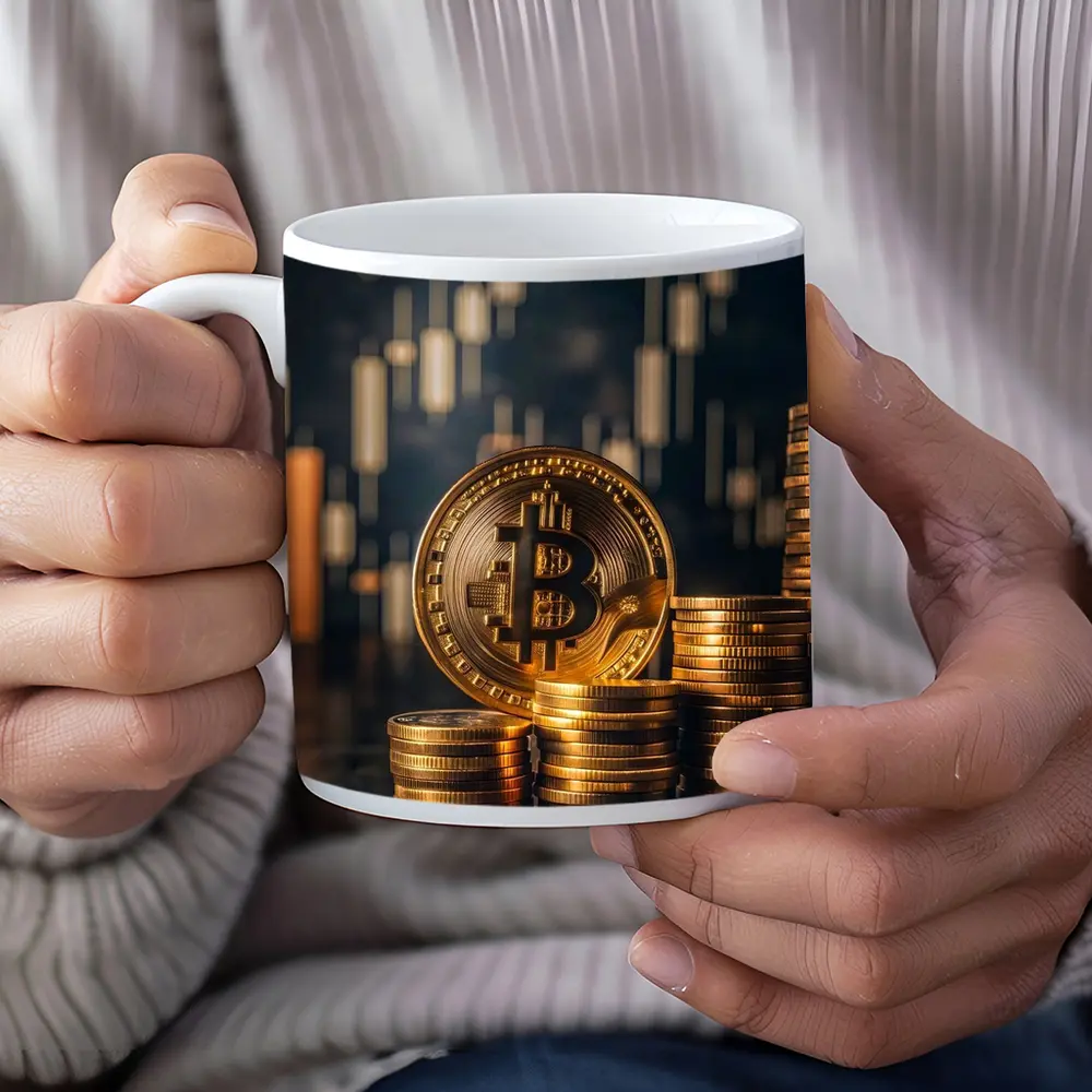 Bitcoin Gold Coins Candlestick Chart Dark Background – Mugs