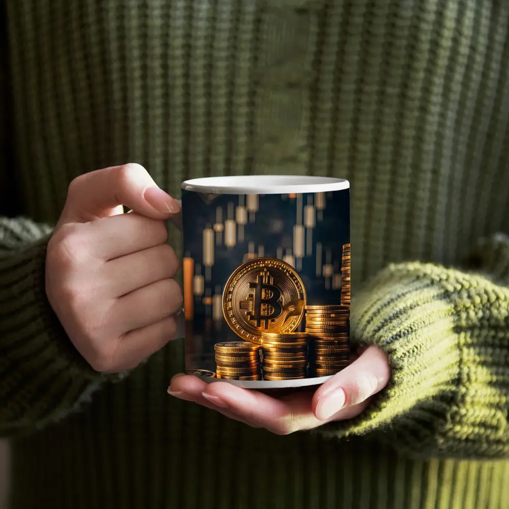 Bitcoin Gold Coins Candlestick Chart Dark Background – Mugs