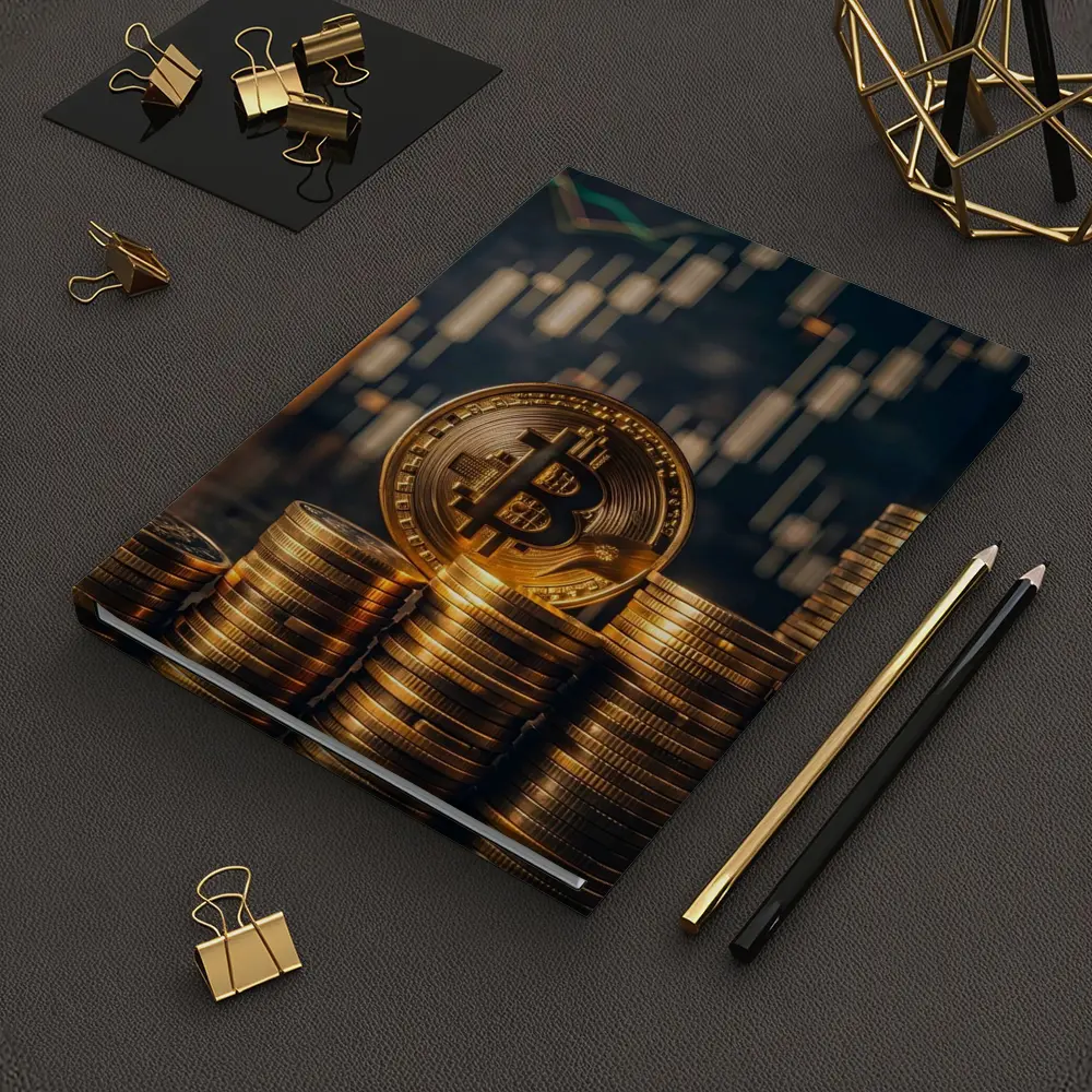 Bitcoin Gold Coins Candlestick Chart Dark Background – Notebooks