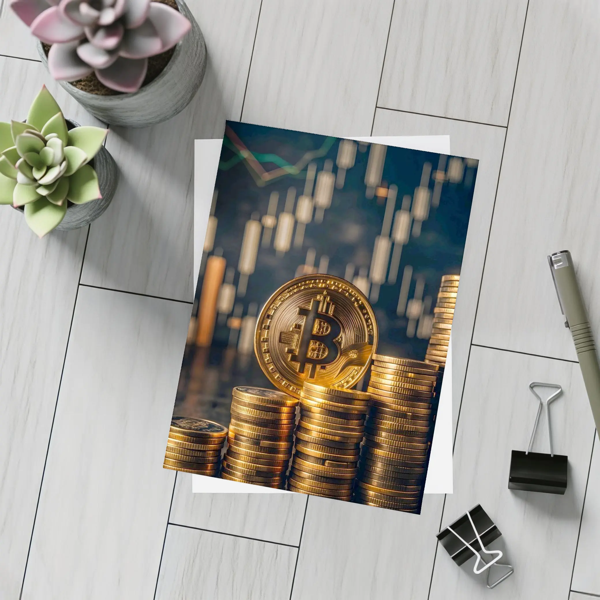 Bitcoin Gold Coins Candlestick Chart Dark Background – Postcards