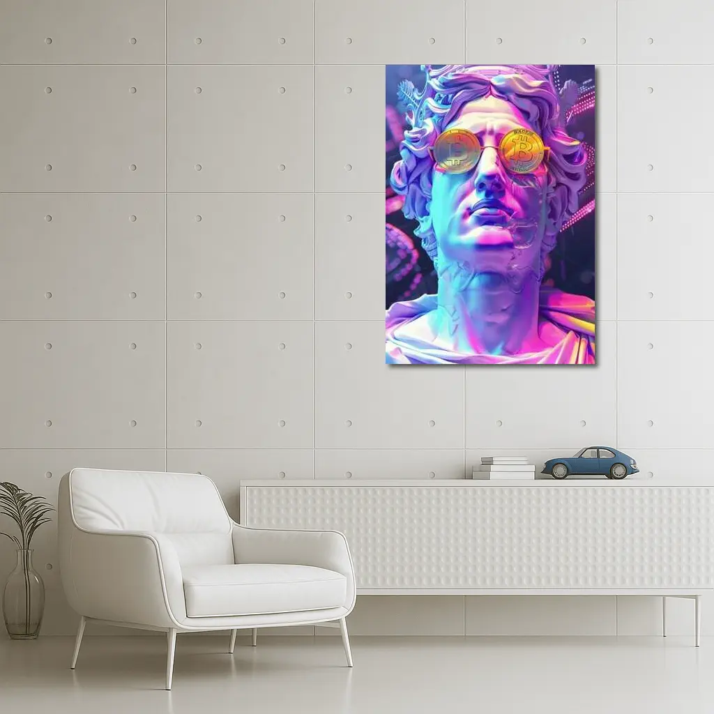 Greek Statue Bitcoin Glasses Neon Purple – Wall Art