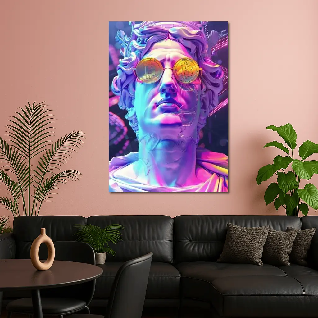 Greek Statue Bitcoin Glasses Neon Purple – Wall Art