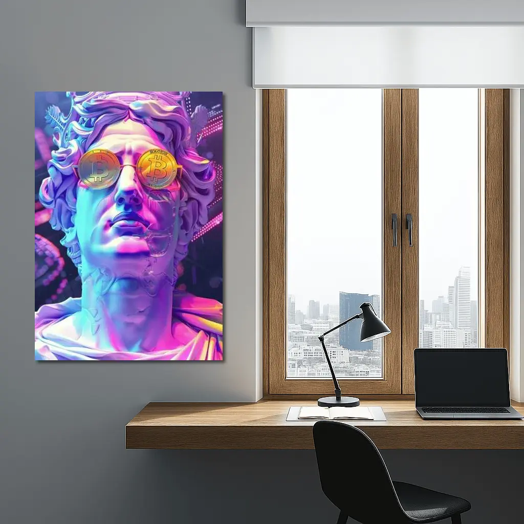 Greek Statue Bitcoin Glasses Neon Purple – Wall Art