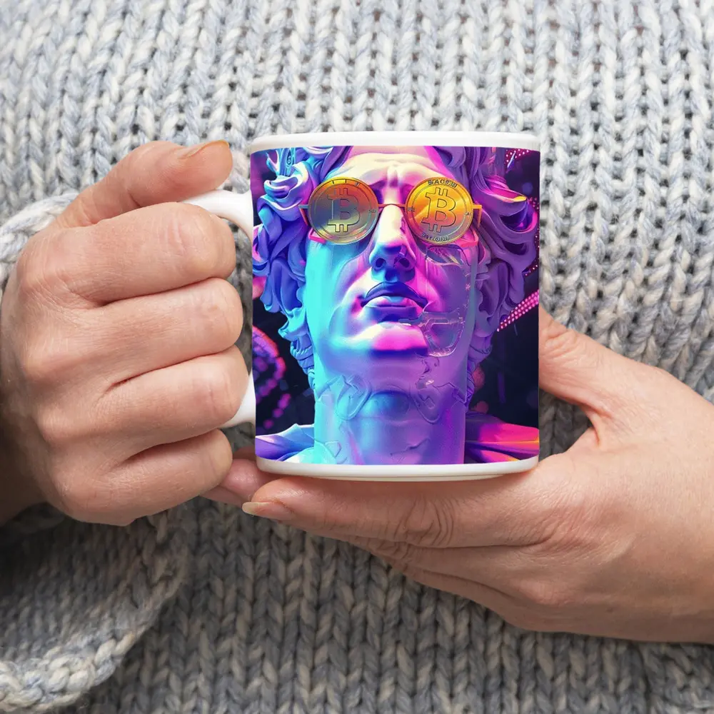 Greek Statue Bitcoin Glasses Neon Purple – Mugs