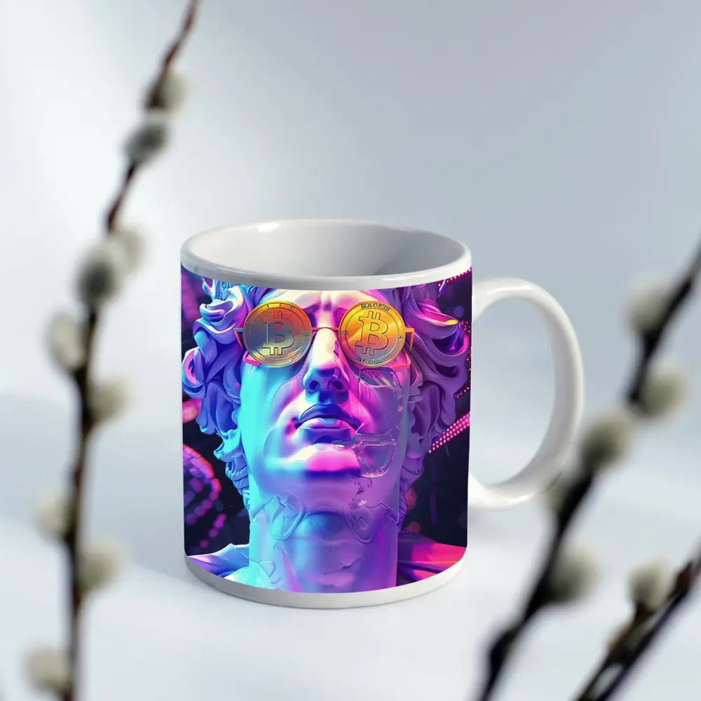 Greek Statue Bitcoin Glasses Neon Purple – Mugs