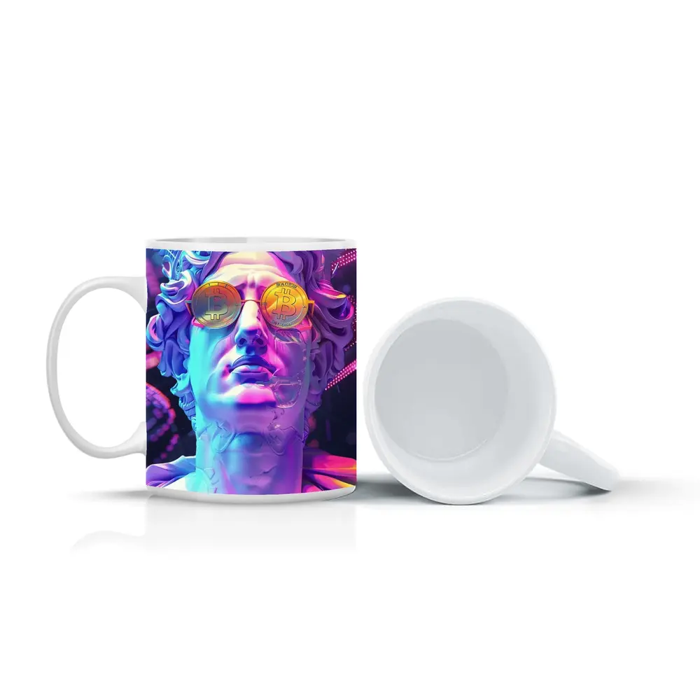 Greek Statue Bitcoin Glasses Neon Purple – Mugs