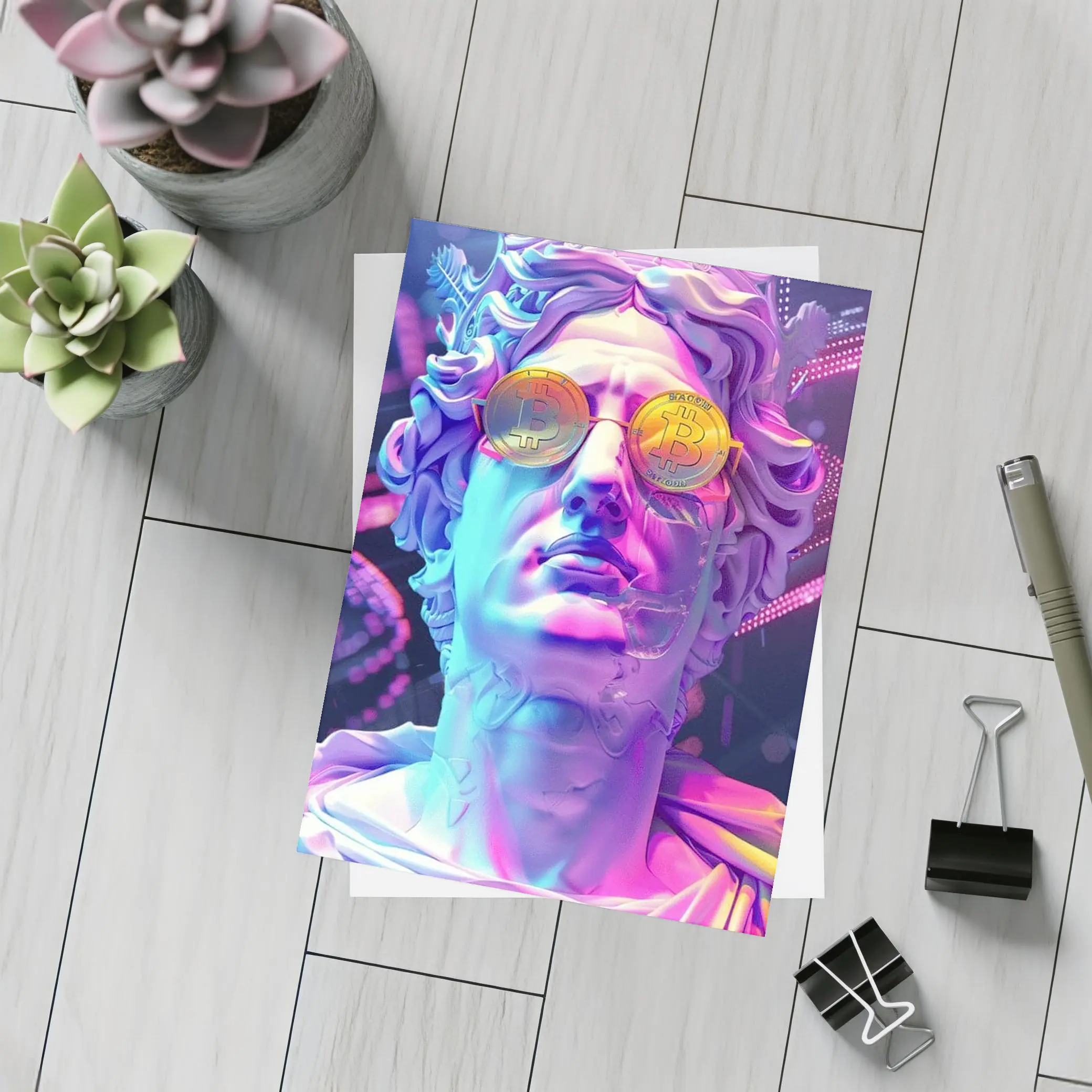 Greek Statue Bitcoin Glasses Neon Purple – Postcards