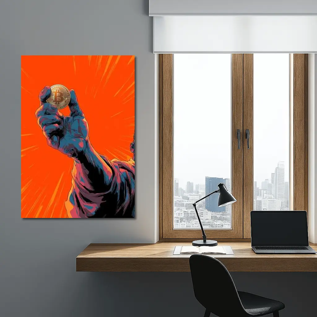 Bitcoin Coin Hand Comic Art Orange Background – Wall Art