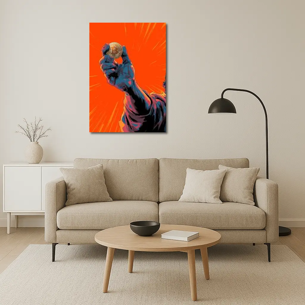 Bitcoin Coin Hand Comic Art Orange Background – Wall Art