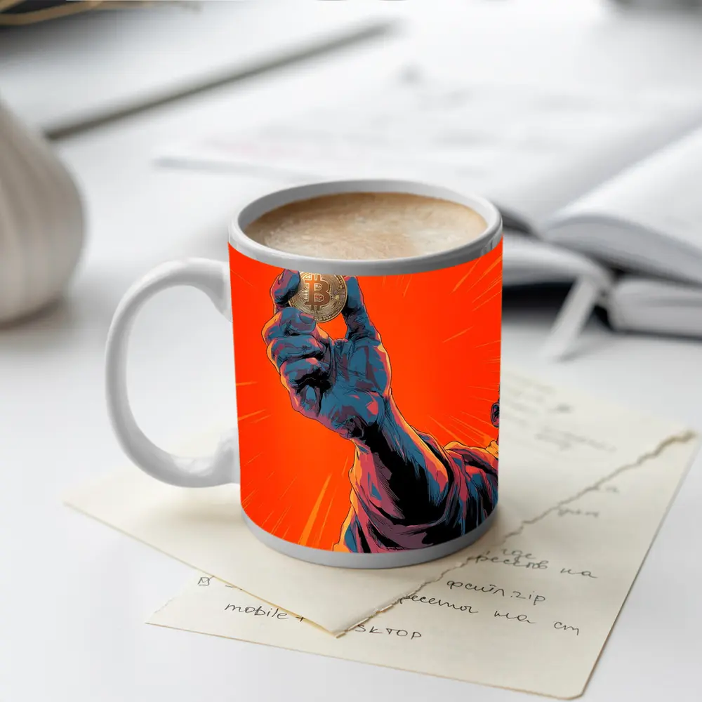 Bitcoin Coin Hand Comic Art Orange Background – Mugs
