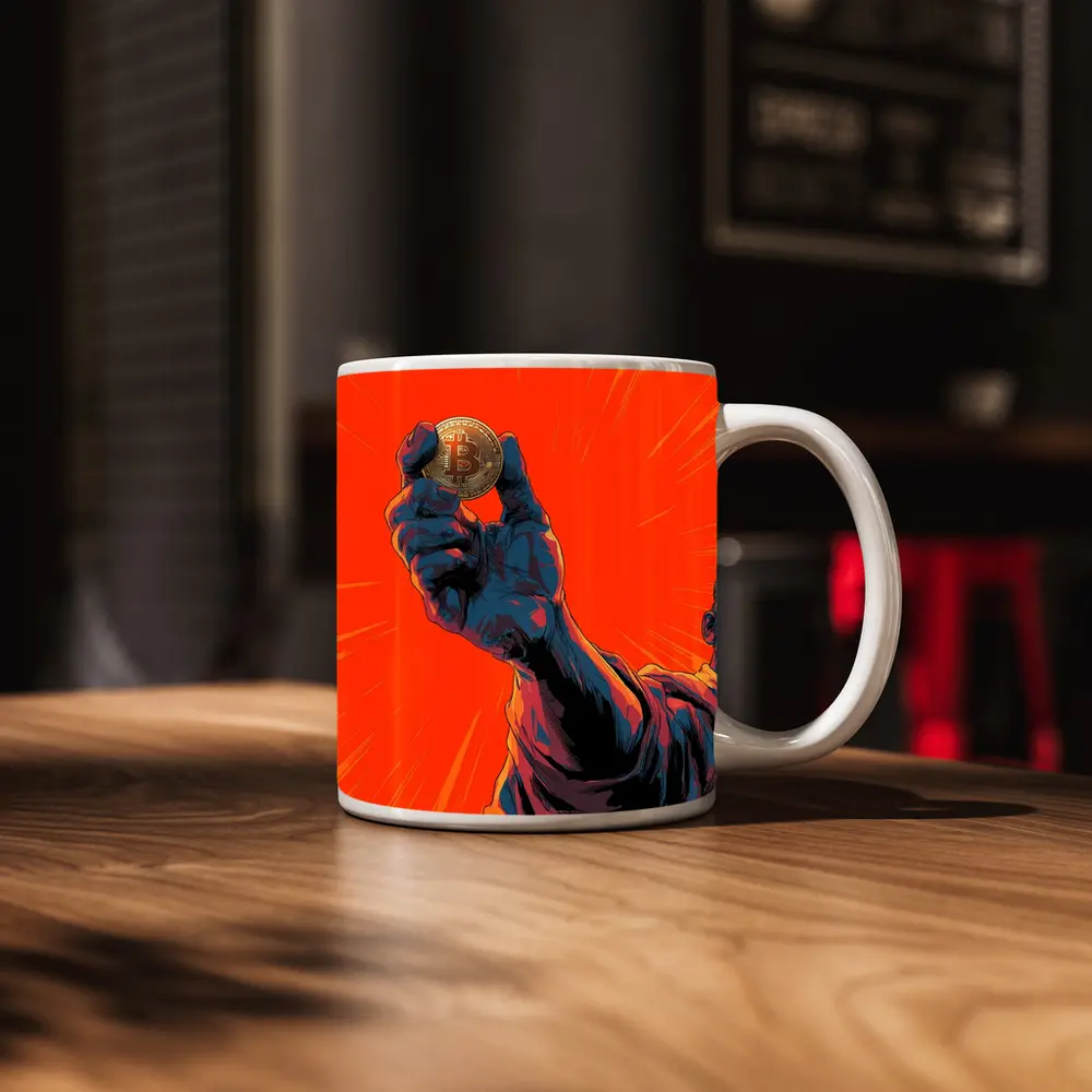Bitcoin Coin Hand Comic Art Orange Background – Mugs