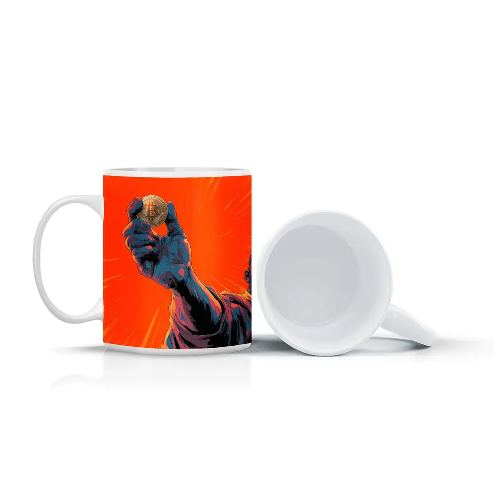 Bitcoin Coin Hand Comic Art Orange Background – Mugs