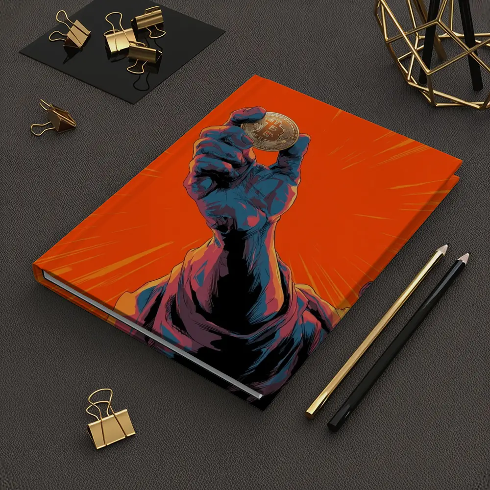 Bitcoin Coin Hand Comic Art Orange Background – Notebooks