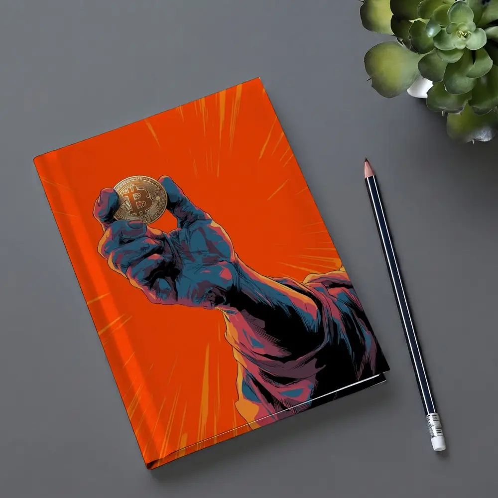 Bitcoin Coin Hand Comic Art Orange Background – Notebooks