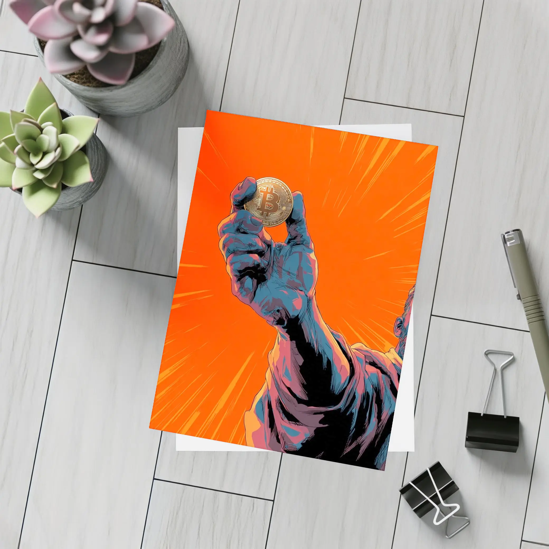 Bitcoin Coin Hand Comic Art Orange Background – Postcards