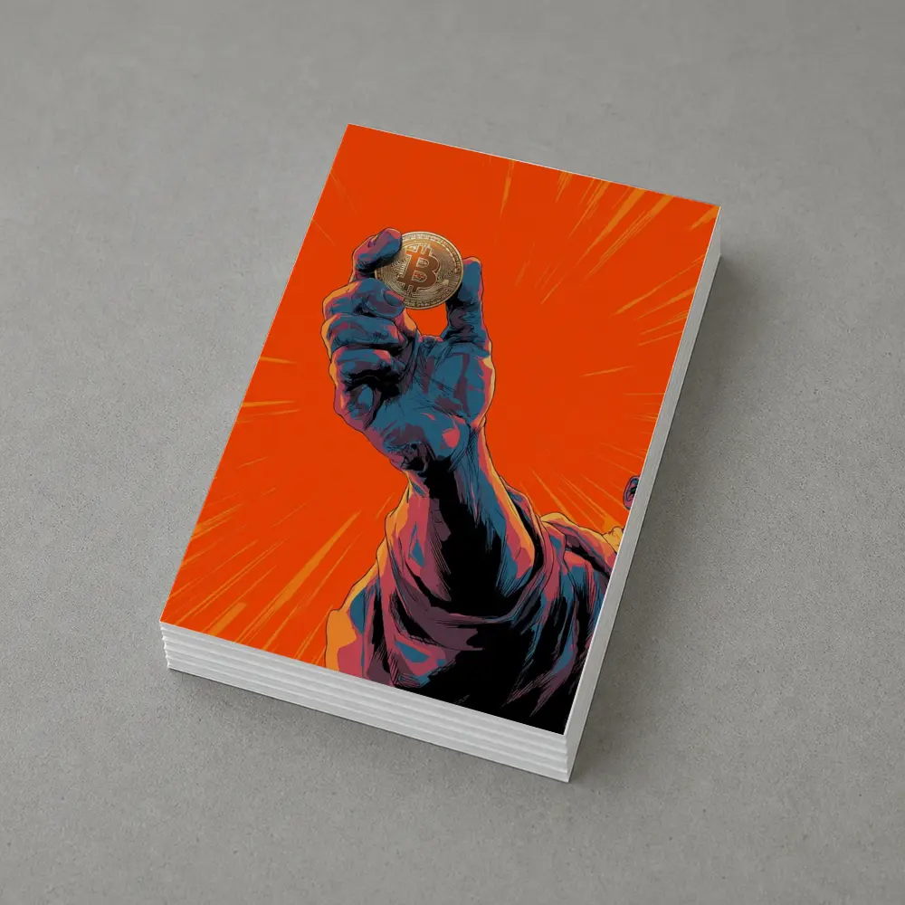 Bitcoin Coin Hand Comic Art Orange Background – Postcards