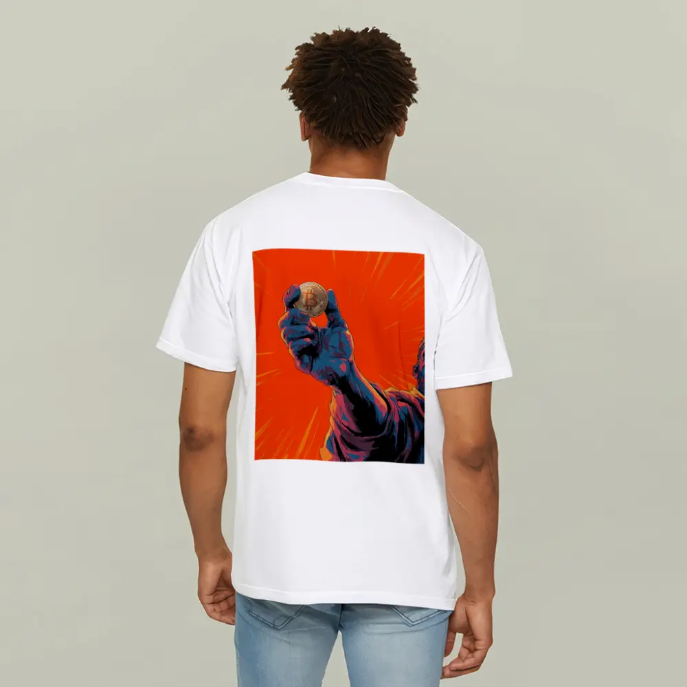 Bitcoin Coin Hand Comic Art Orange Background – T-Shirts