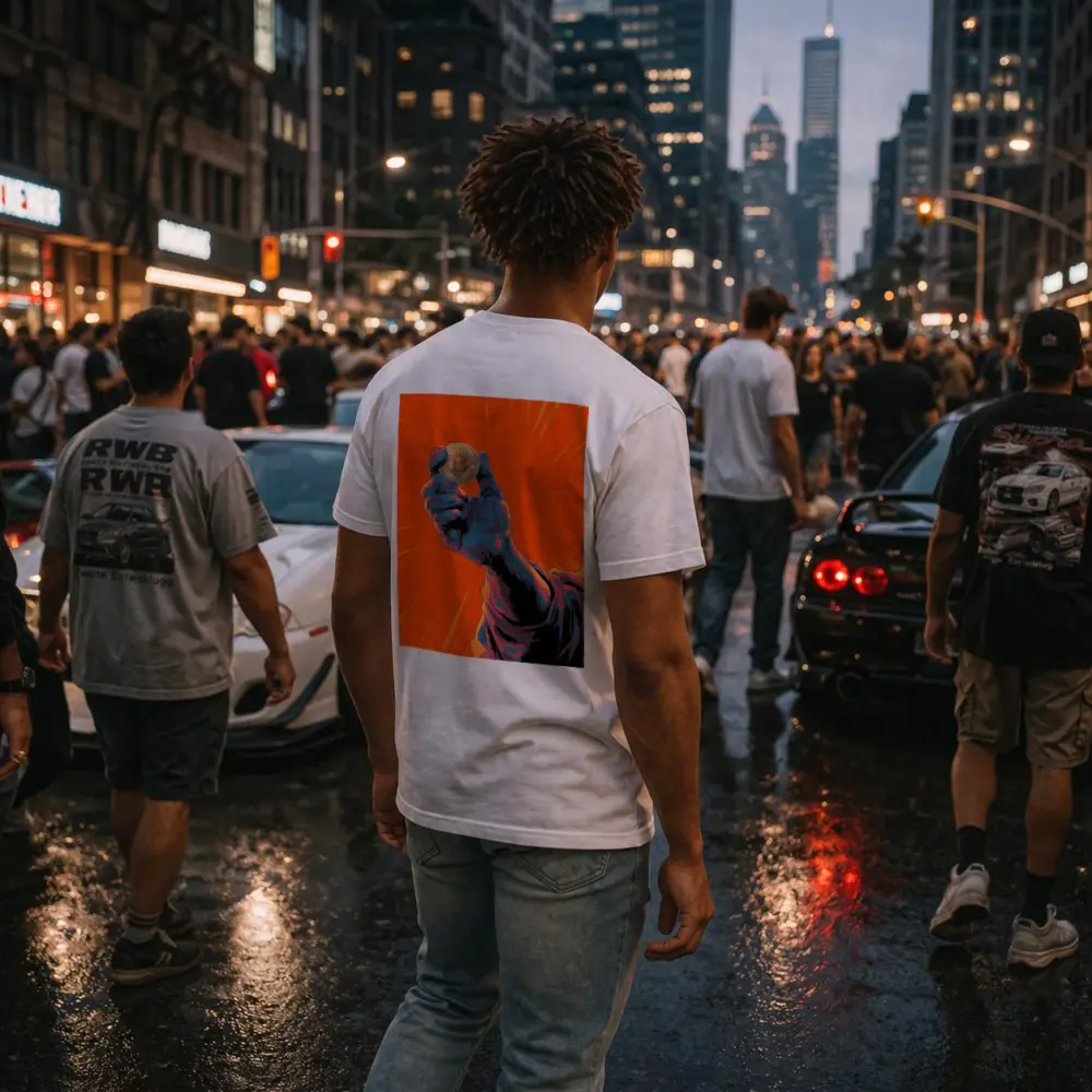 Bitcoin Coin Hand Comic Art Orange Background – T-Shirts