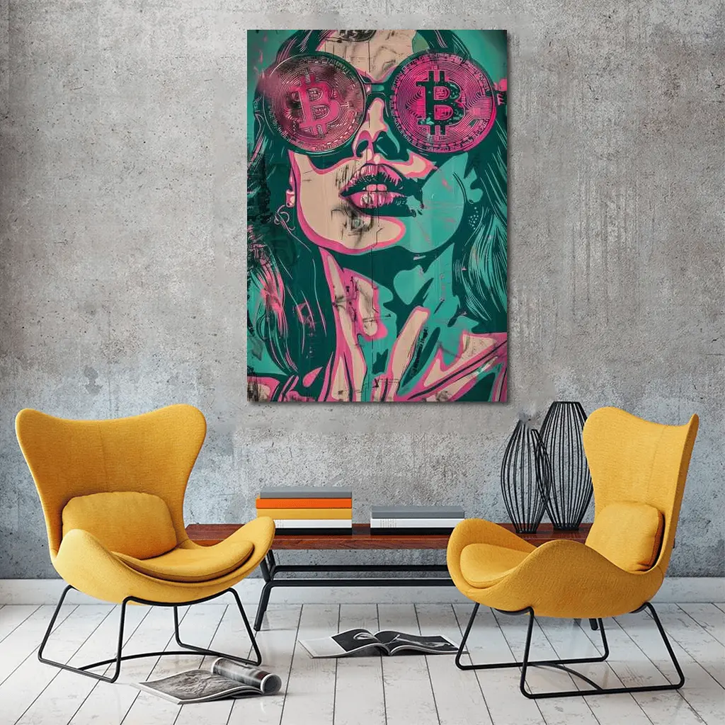 Bitcoin Woman Graffiti Pop Art Teal Pink – Wall Art