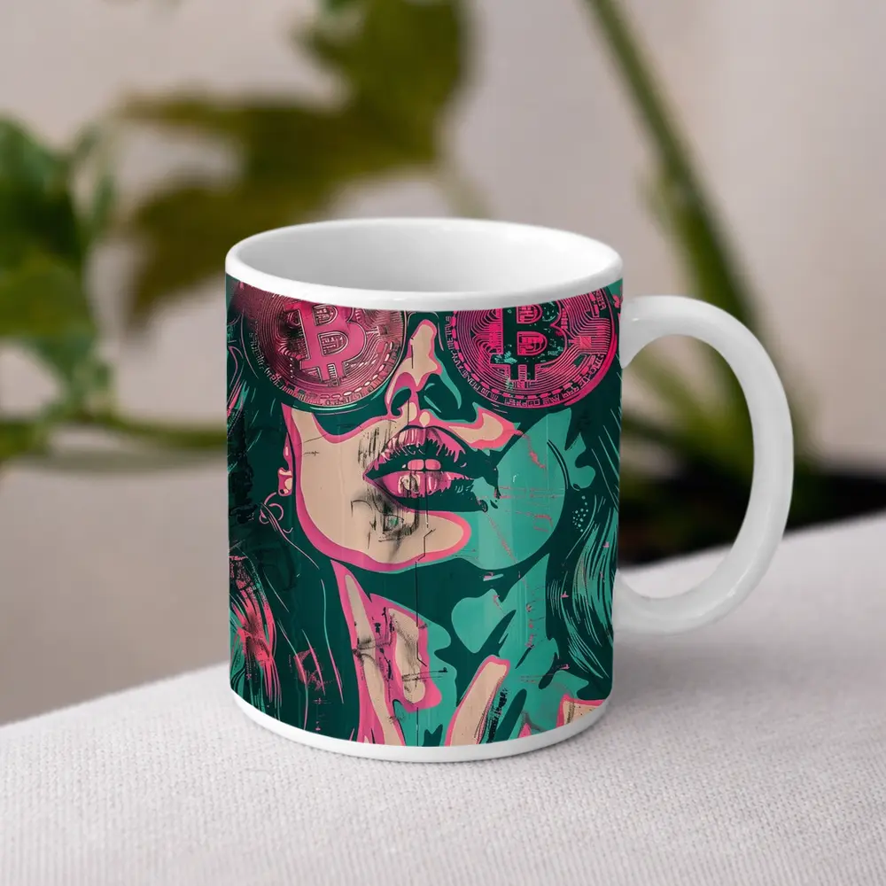 Bitcoin Woman Graffiti Pop Art Teal Pink – Mugs