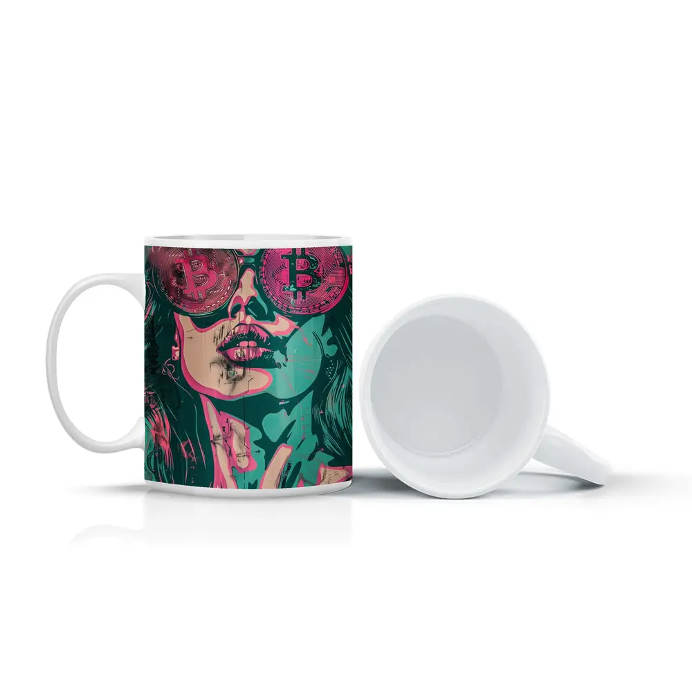 Bitcoin Woman Graffiti Pop Art Teal Pink – Mugs