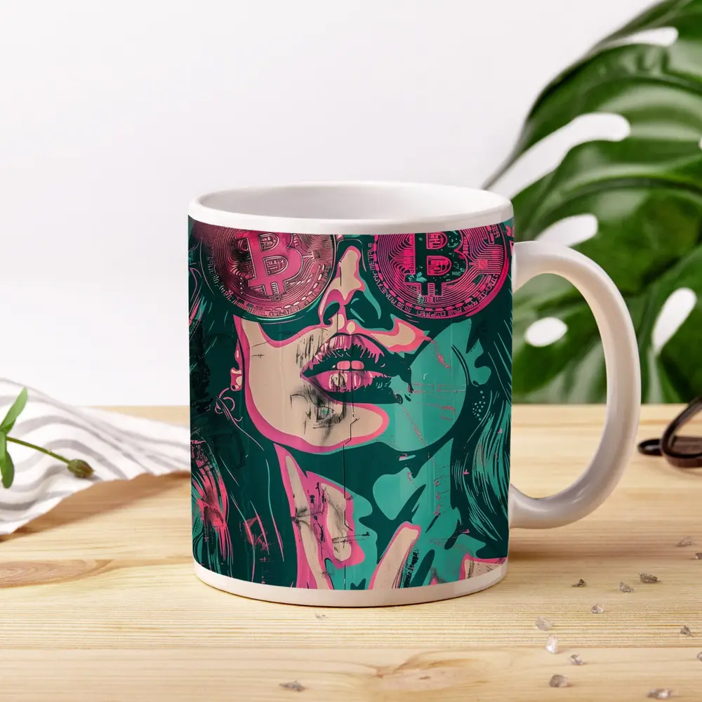 Bitcoin Woman Graffiti Pop Art Teal Pink – Mugs