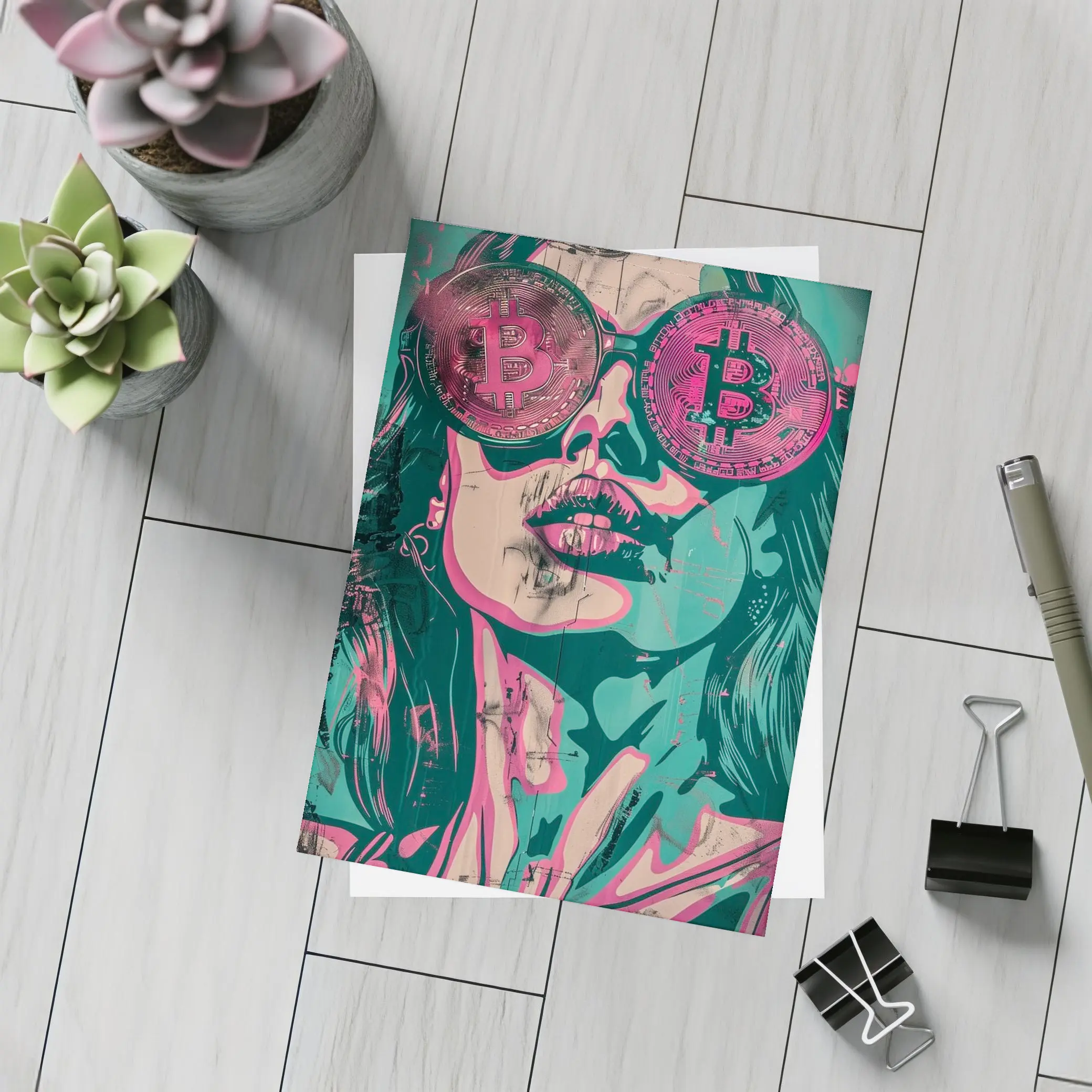 Bitcoin Woman Graffiti Pop Art Teal Pink – Postcards