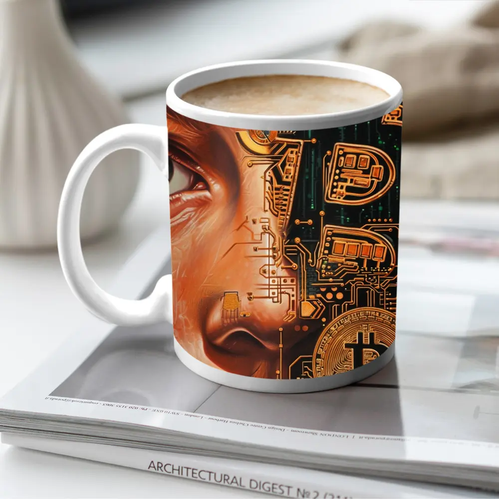 Bitcoin Cyborg Woman Circuit Board Art – Mugs