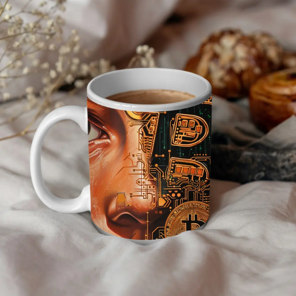 Bitcoin Cyborg Woman Circuit Board Art – Mugs