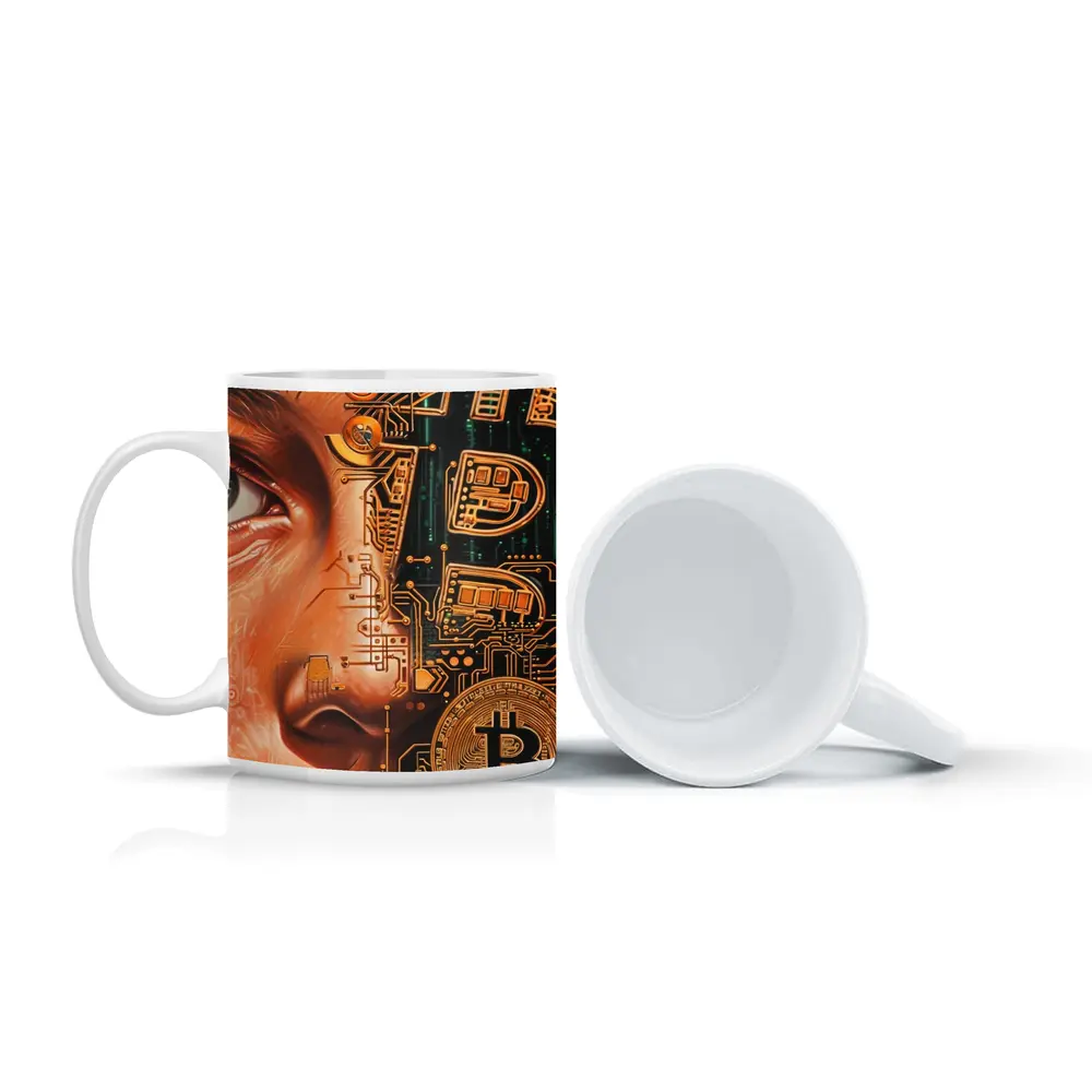 Bitcoin Cyborg Woman Circuit Board Art – Mugs