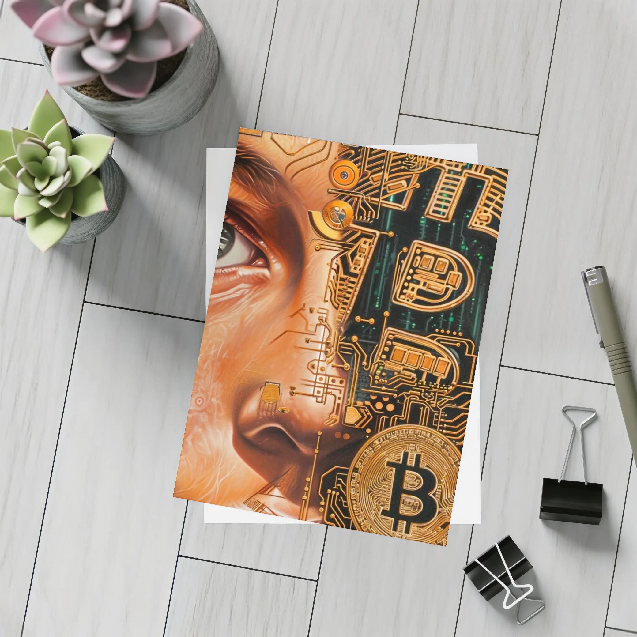 Bitcoin Cyborg Woman Circuit Board Art – Postcards