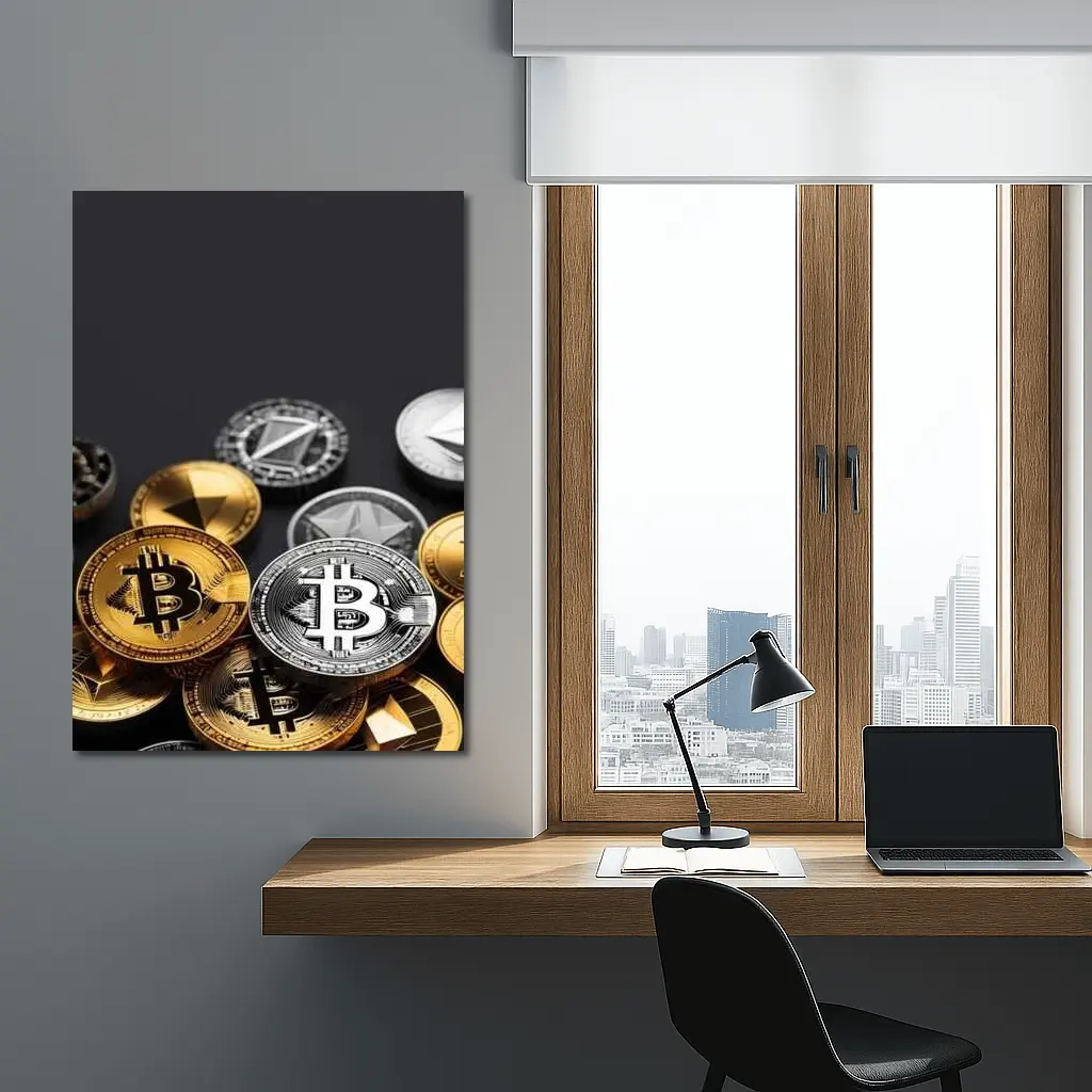 Bitcoin and Crypto Coins Dark Background – Wall Art