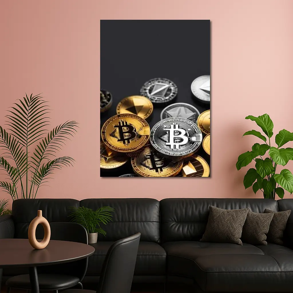 Bitcoin and Crypto Coins Dark Background – Wall Art