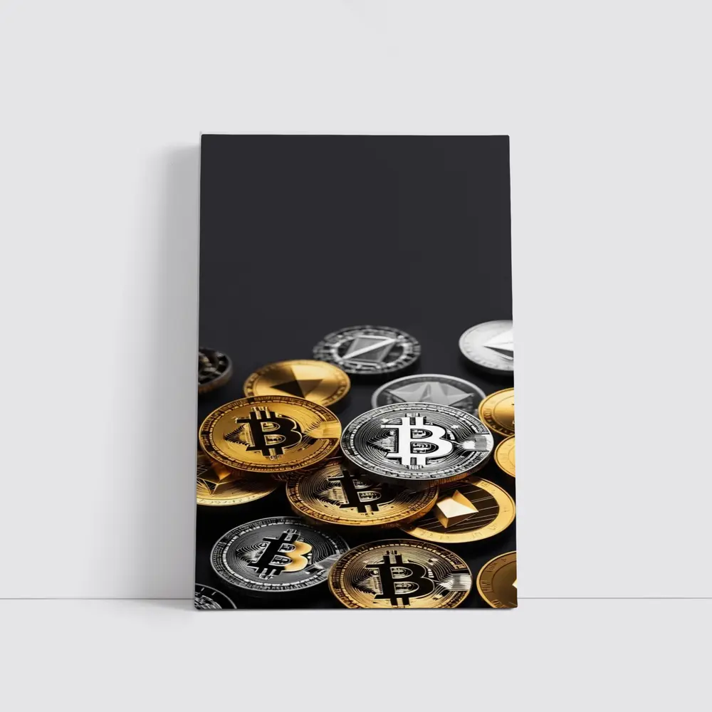 Bitcoin and Crypto Coins Dark Background – Wall Art