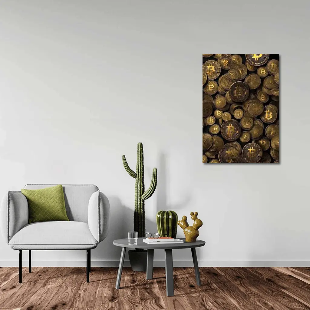 Bitcoin Gold Coins Pile Dark Background – Wall Art